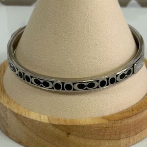 Coach Thin Silver and Black Logo Bangle Bracelet